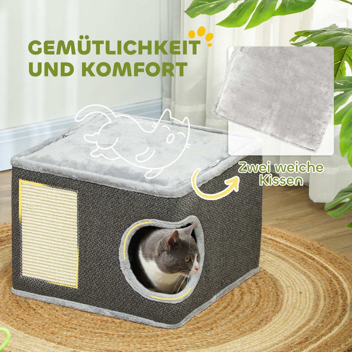 Scratching barrel, 35 cm high, cat barrel with cave, scratching post with play ball, cat tower made of sisal, for cats up to 6 kg, dark gray + cream white