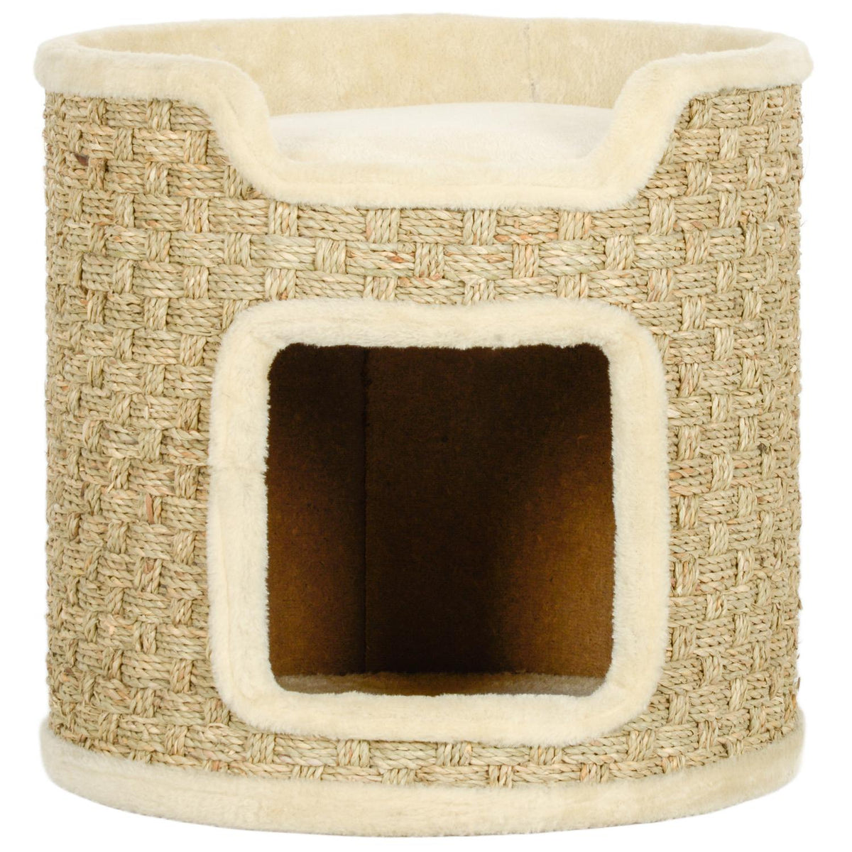 Scratching barrel, 37 cm high cat barrel with door, scratching post with 2 levels, cat tower made of sisal, for cats up to 5 kg, khaki