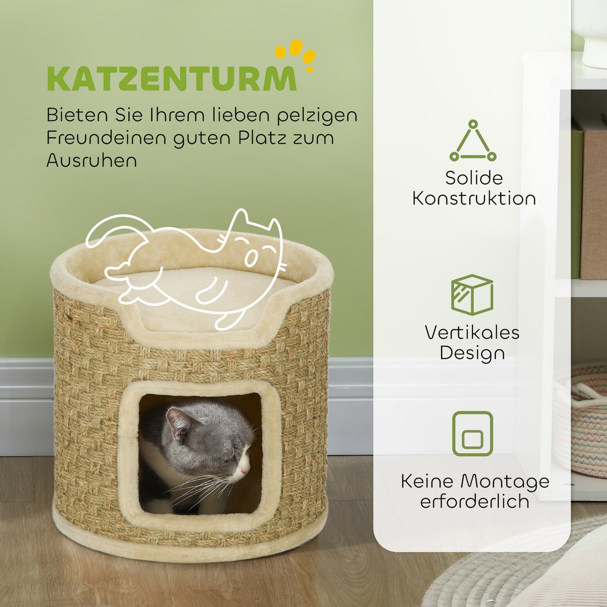 Scratching barrel, 37 cm high cat barrel with door, scratching post with 2 levels, cat tower made of sisal, for cats up to 5 kg, khaki