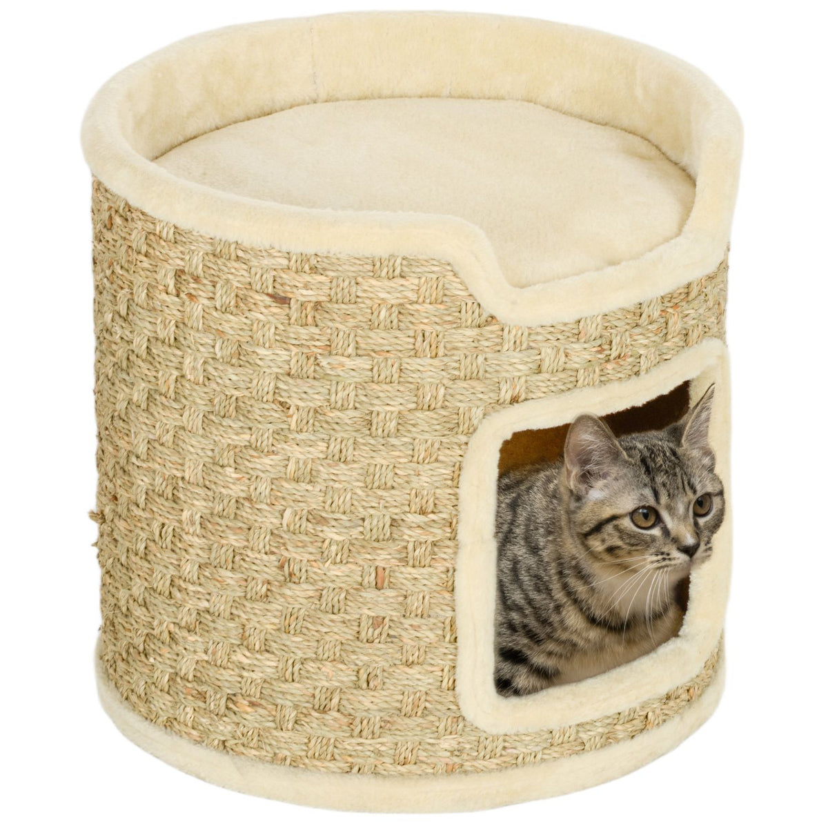 Scratching barrel, 37 cm high cat barrel with door, scratching post with 2 levels, cat tower made of sisal, for cats up to 5 kg, khaki