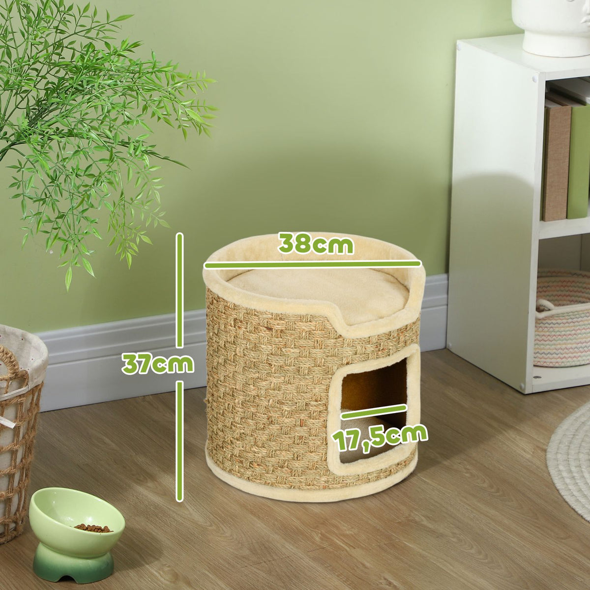 Scratching barrel, 37 cm high cat barrel with door, scratching post with 2 levels, cat tower made of sisal, for cats up to 5 kg, khaki