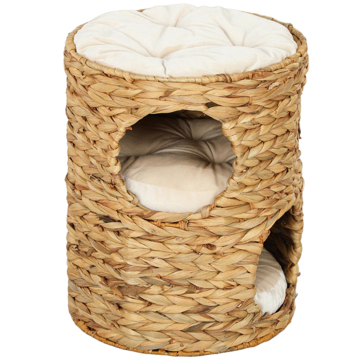 Scratching barrel, 50 cm high, cat barrel with 2 caves, scratching post with cushion, cat tower made of water hyacinth, for cats up to 3.5 kg, light brown