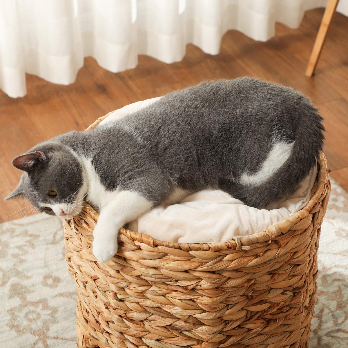 Scratching barrel, 50 cm high, cat barrel with 2 caves, scratching post with cushion, cat tower made of water hyacinth, for cats up to 3.5 kg, light brown