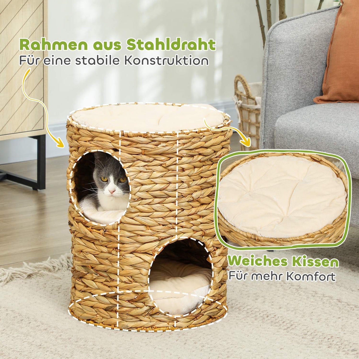 Scratching barrel, 50 cm high, cat barrel with 2 caves, scratching post with cushion, cat tower made of water hyacinth, for cats up to 3.5 kg, light brown