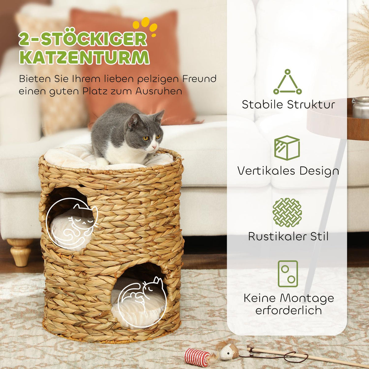 Scratching barrel, 50 cm high, cat barrel with 2 caves, scratching post with cushion, cat tower made of water hyacinth, for cats up to 3.5 kg, light brown