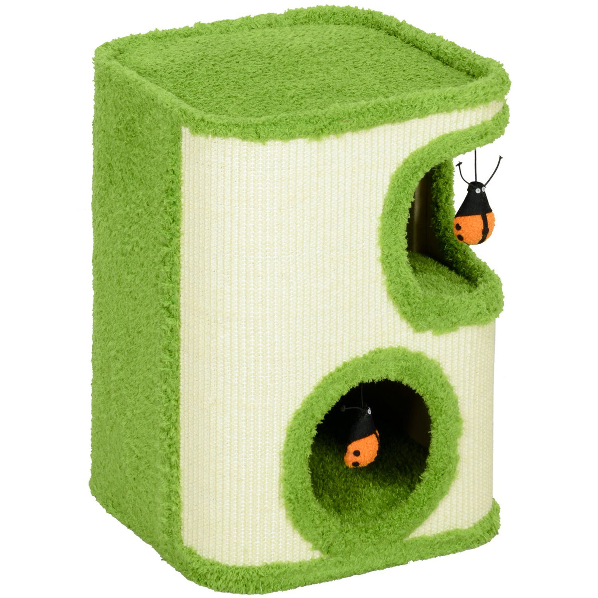Scratching barrel, 52 cm high, cat barrel with 2 caves, scratching post with ladybird toys, cat tower made of sisal, for cats up to 5 kg, green + cream white