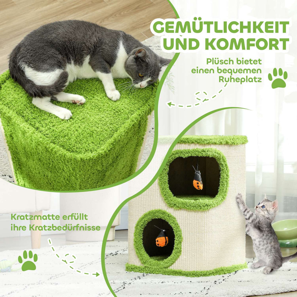 Scratching barrel, 52 cm high, cat barrel with 2 caves, scratching post with ladybird toys, cat tower made of sisal, for cats up to 5 kg, green + cream white