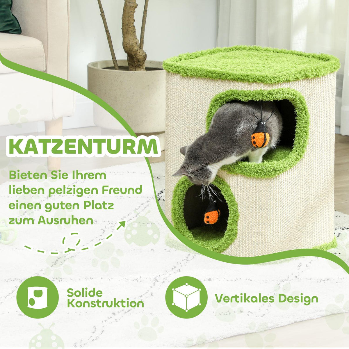 Scratching barrel, 52 cm high, cat barrel with 2 caves, scratching post with ladybird toys, cat tower made of sisal, for cats up to 5 kg, green + cream white