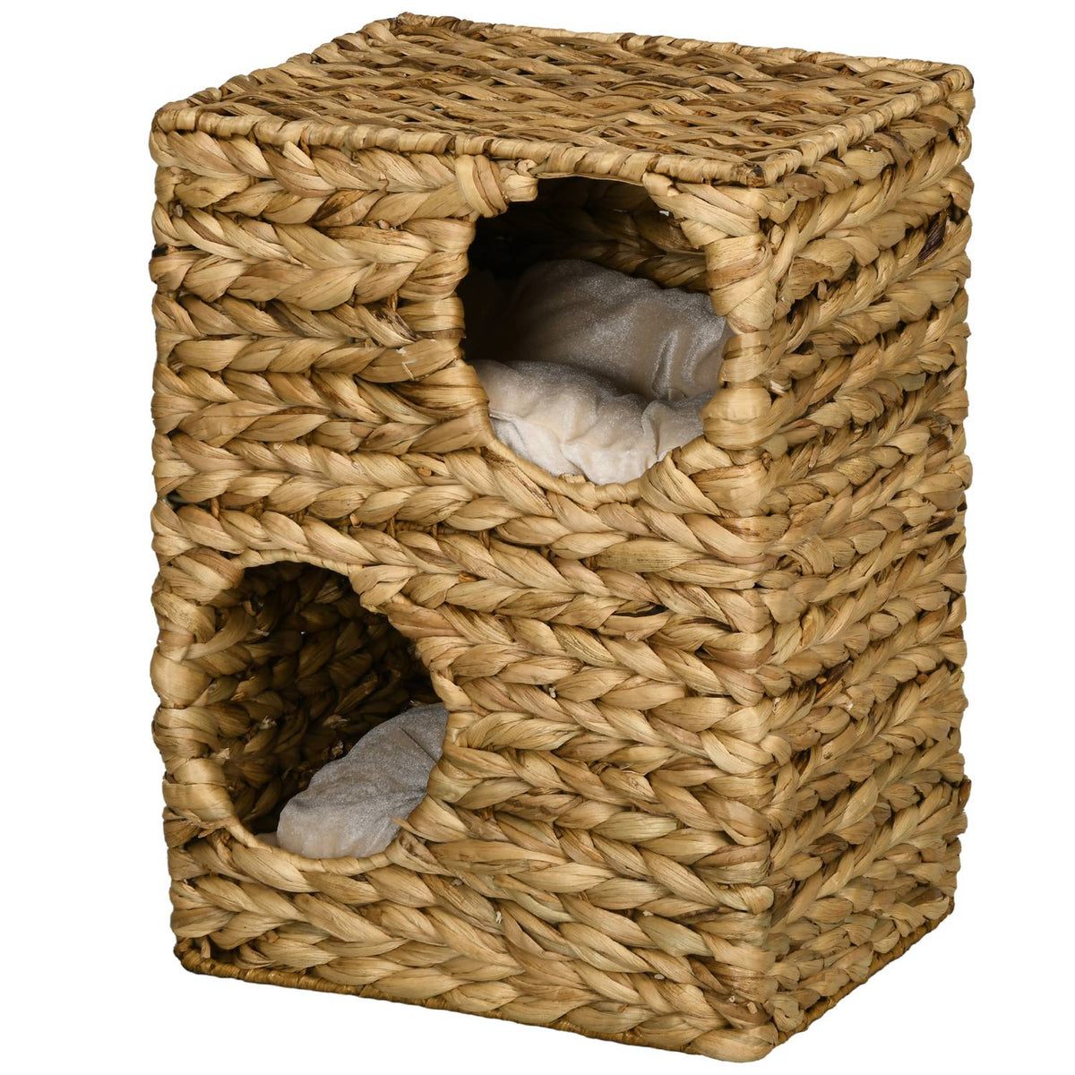 Scratching barrel 55 cm high cat barrel with 2 caves, cushions, scratching post with cat bed, cat tower made of water hyacinth grass, light brown