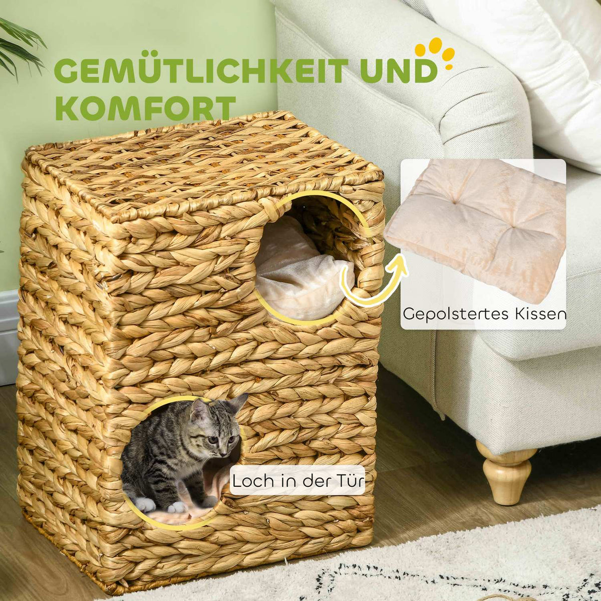 Scratching barrel 55 cm high cat barrel with 2 caves, cushions, scratching post with cat bed, cat tower made of water hyacinth grass, light brown