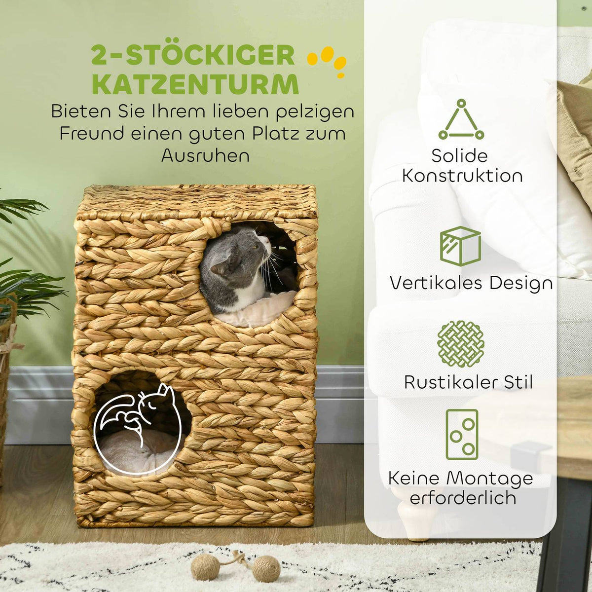Scratching barrel 55 cm high cat barrel with 2 caves, cushions, scratching post with cat bed, cat tower made of water hyacinth grass, light brown