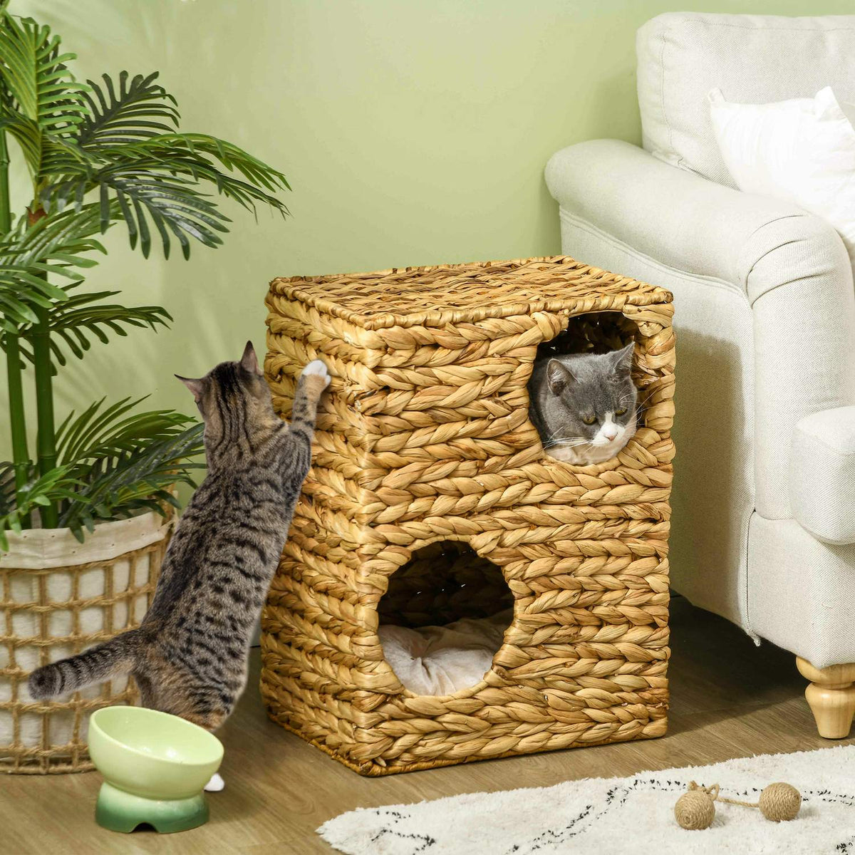 Scratching barrel 55 cm high cat barrel with 2 caves, cushions, scratching post with cat bed, cat tower made of water hyacinth grass, light brown