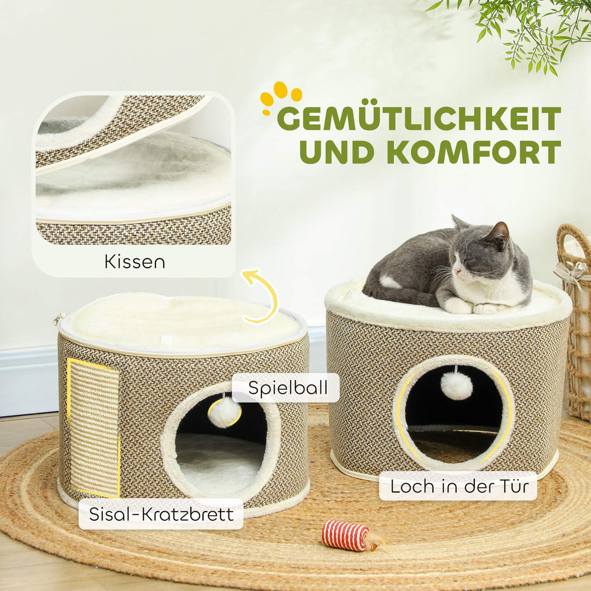 Scratching barrel, 56 cm high cat barrel with cave, scratching post, cat tower made of sisal, for cats up to 5 kg, dark gray