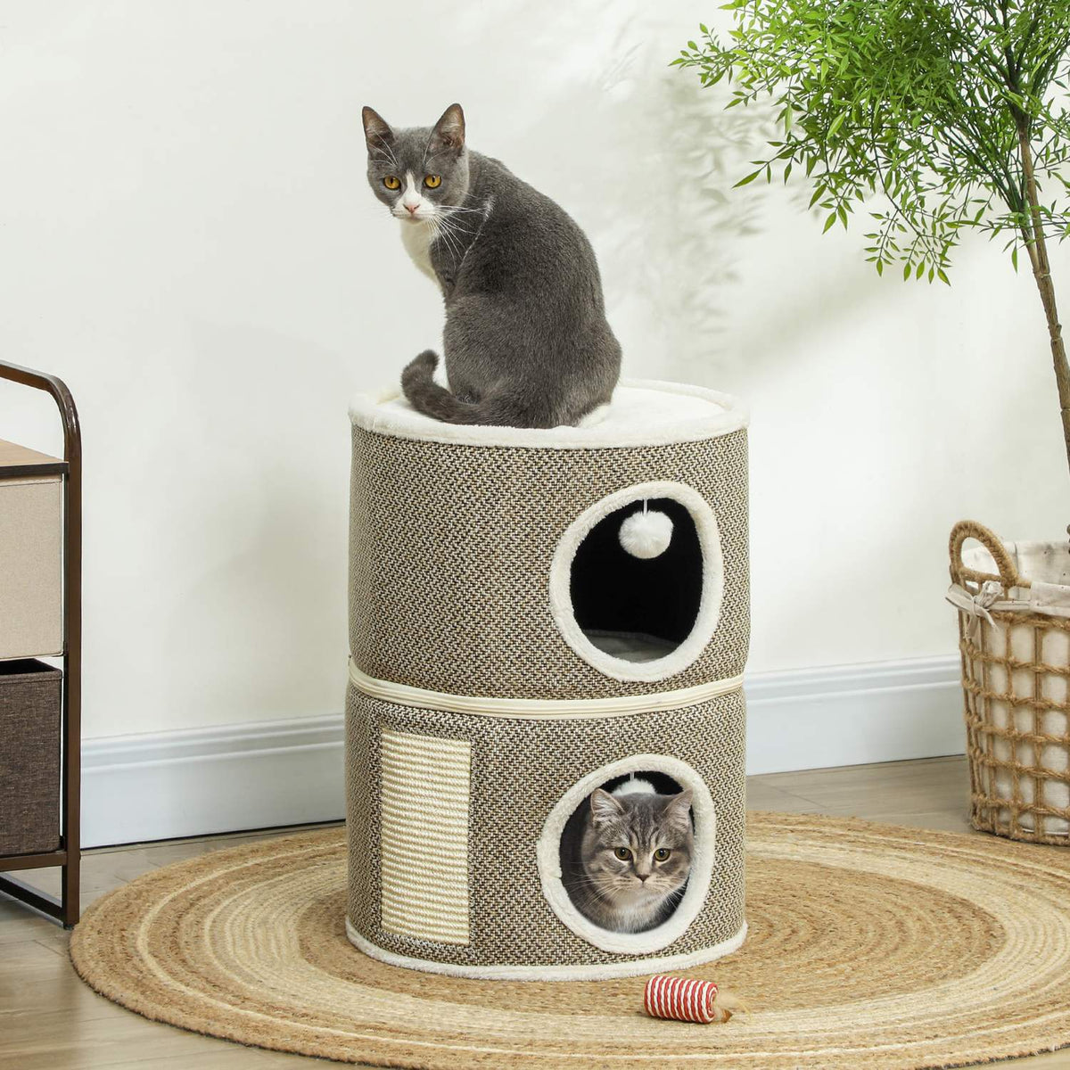 Scratching barrel, 56 cm high cat barrel with cave, scratching post, cat tower made of sisal, for cats up to 5 kg, dark gray