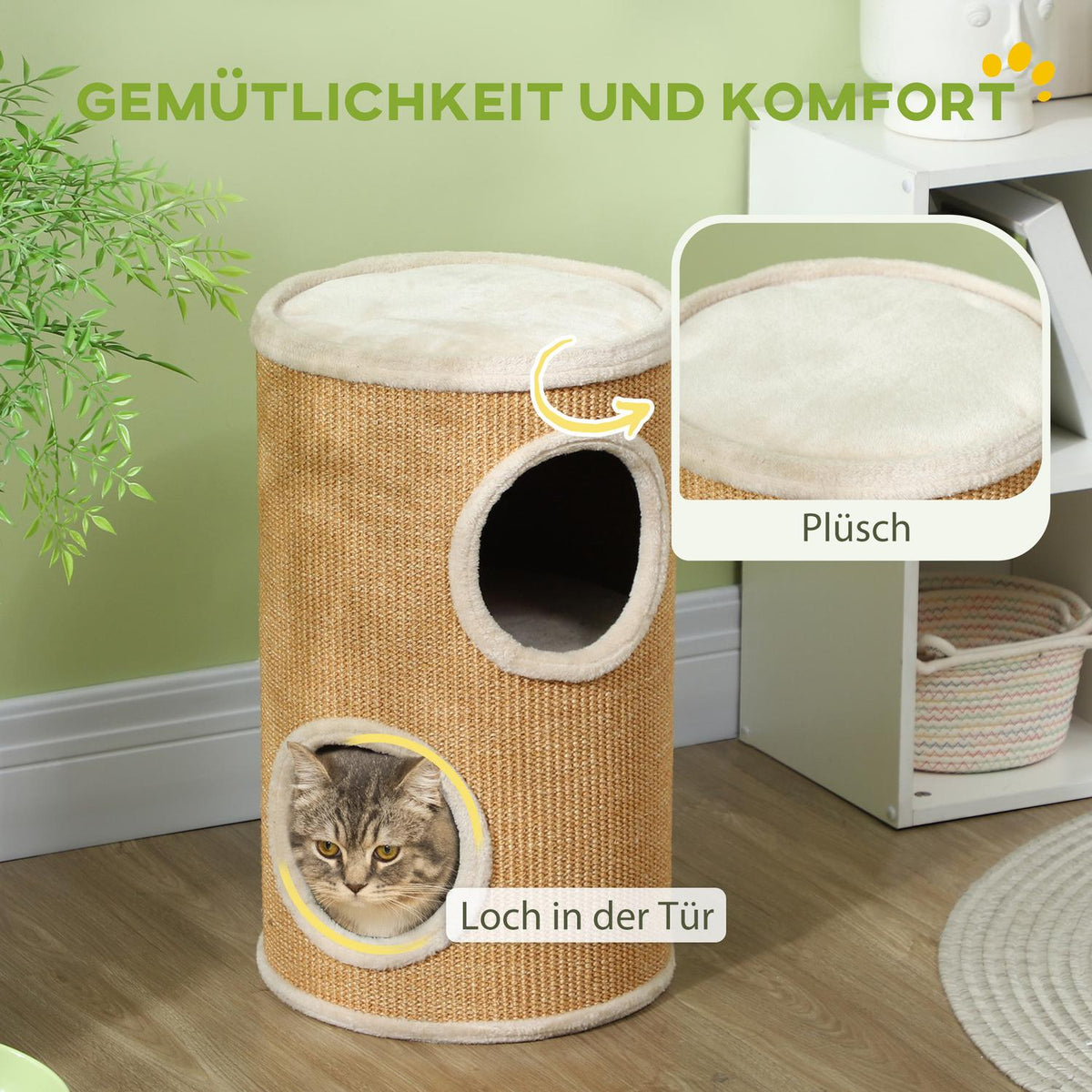 Scratching barrel, 60 cm high cat barrel with 2 caves, scratching post, cat tower made of sisal, for cats up to 5 kg, brown