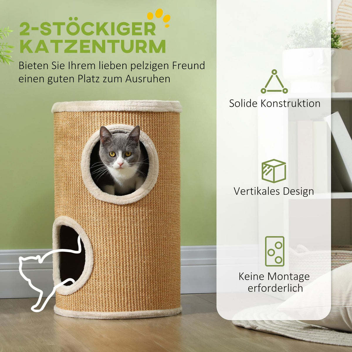 Scratching barrel, 60 cm high cat barrel with 2 caves, scratching post, cat tower made of sisal, for cats up to 5 kg, brown