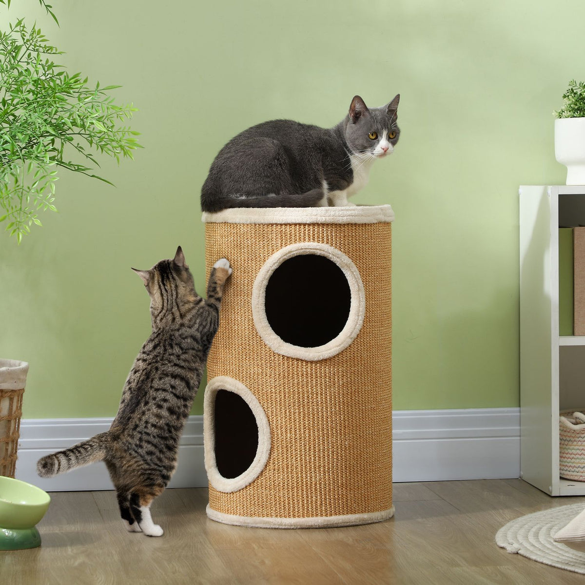 Scratching barrel, 60 cm high cat barrel with 2 caves, scratching post, cat tower made of sisal, for cats up to 5 kg, brown