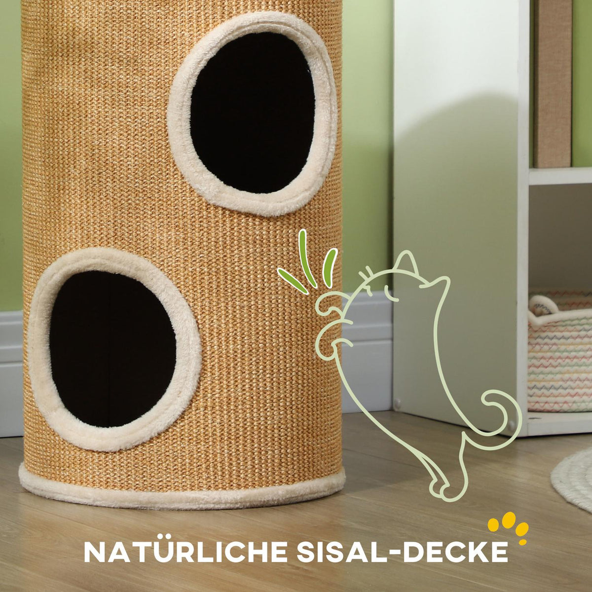 Scratching barrel, 60 cm high cat barrel with 2 caves, scratching post, cat tower made of sisal, for cats up to 5 kg, brown