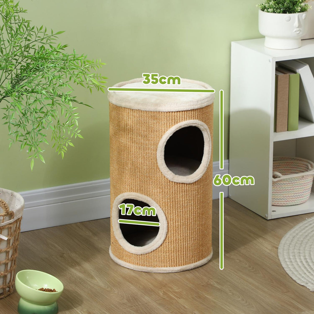 Scratching barrel, 60 cm high cat barrel with 2 caves, scratching post, cat tower made of sisal, for cats up to 5 kg, brown