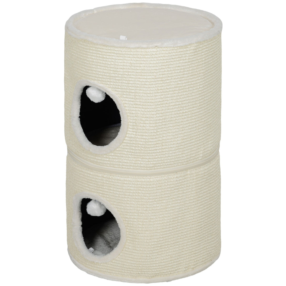 Scratching barrel, 69 cm high cat barrel with 2 caves, play ball, divisible scratching post, cat tower for cats up to 5 kg, cream white