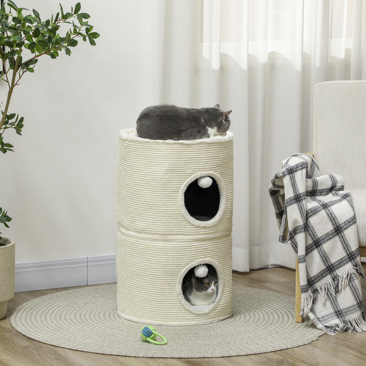 Scratching barrel, 69 cm high cat barrel with 2 caves, play ball, divisible scratching post, cat tower for cats up to 5 kg, cream white