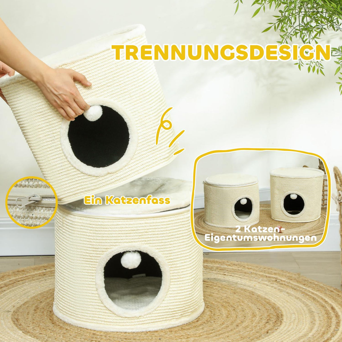 Scratching barrel, 69 cm high cat barrel with 2 caves, play ball, divisible scratching post, cat tower for cats up to 5 kg, cream white