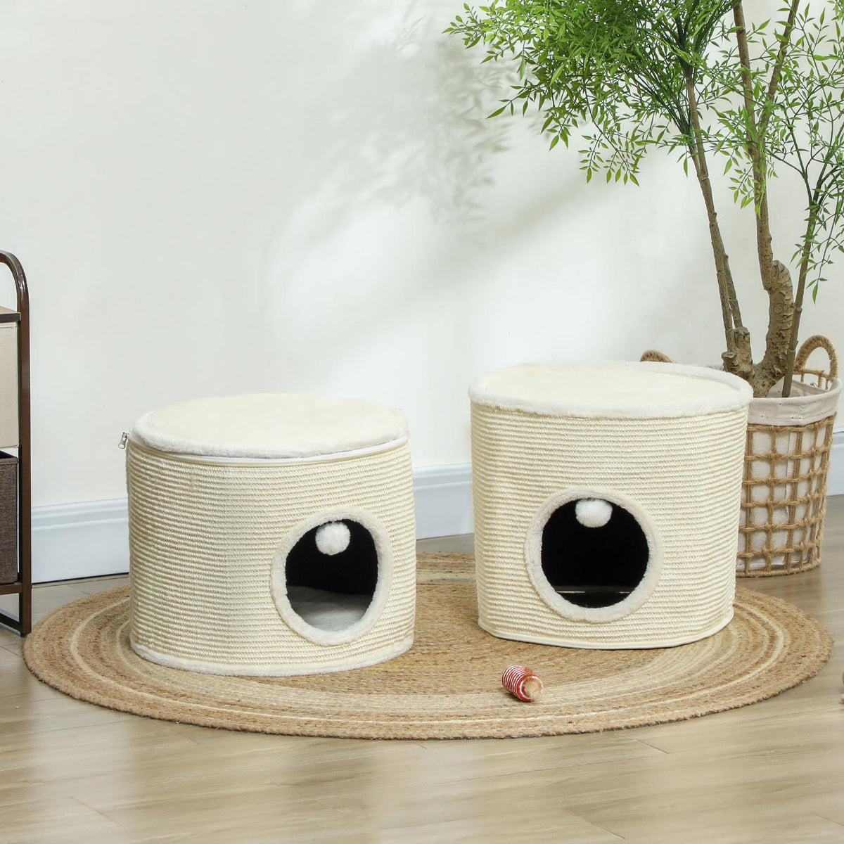 Scratching barrel, 69 cm high cat barrel with 2 caves, play ball, divisible scratching post, cat tower for cats up to 5 kg, cream white