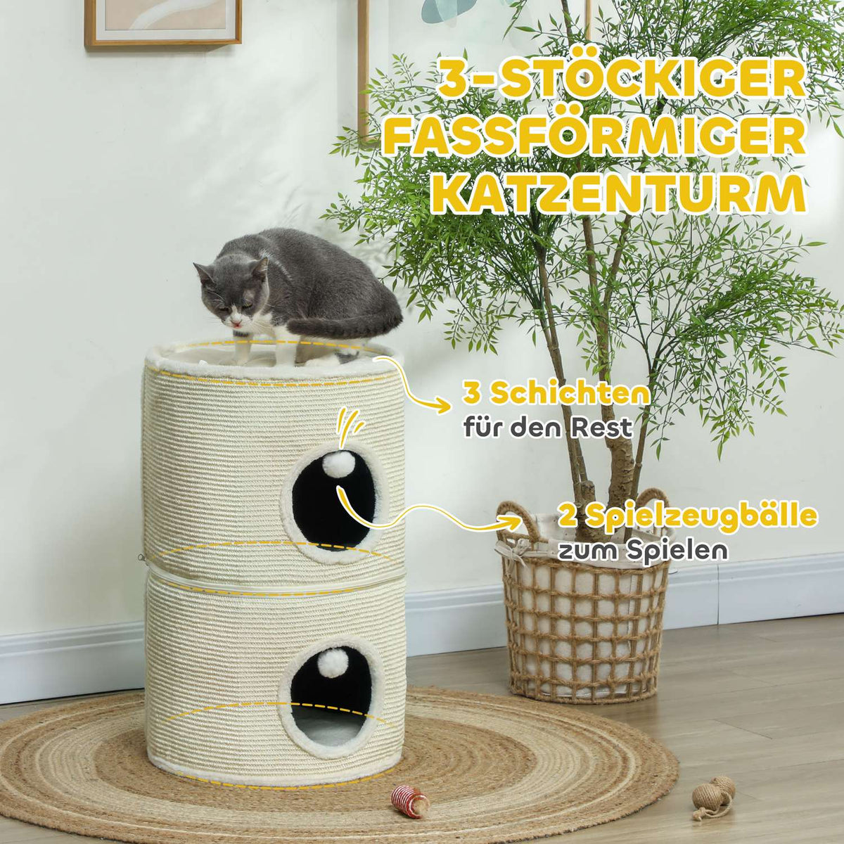 Scratching barrel, 69 cm high cat barrel with 2 caves, play ball, divisible scratching post, cat tower for cats up to 5 kg, cream white