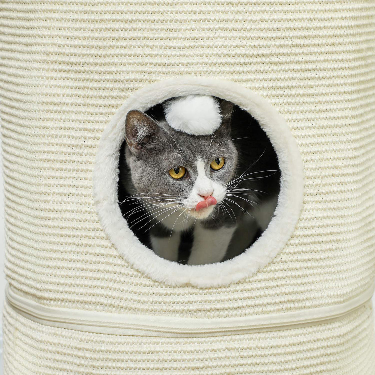 Scratching barrel, 69 cm high cat barrel with 2 caves, play ball, divisible scratching post, cat tower for cats up to 5 kg, cream white