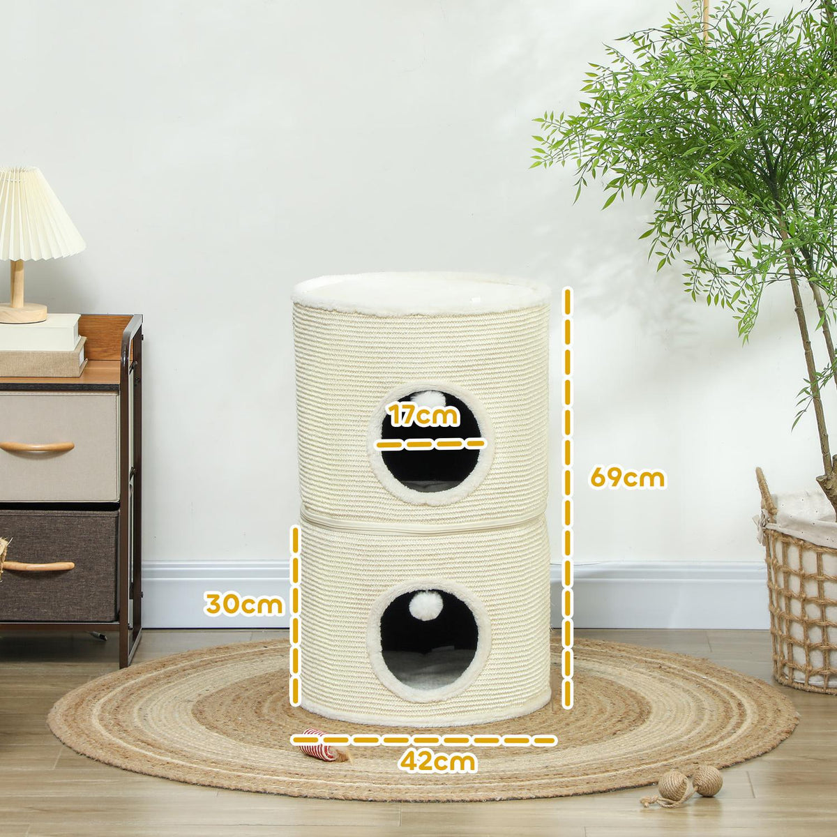 Scratching barrel, 69 cm high cat barrel with 2 caves, play ball, divisible scratching post, cat tower for cats up to 5 kg, cream white