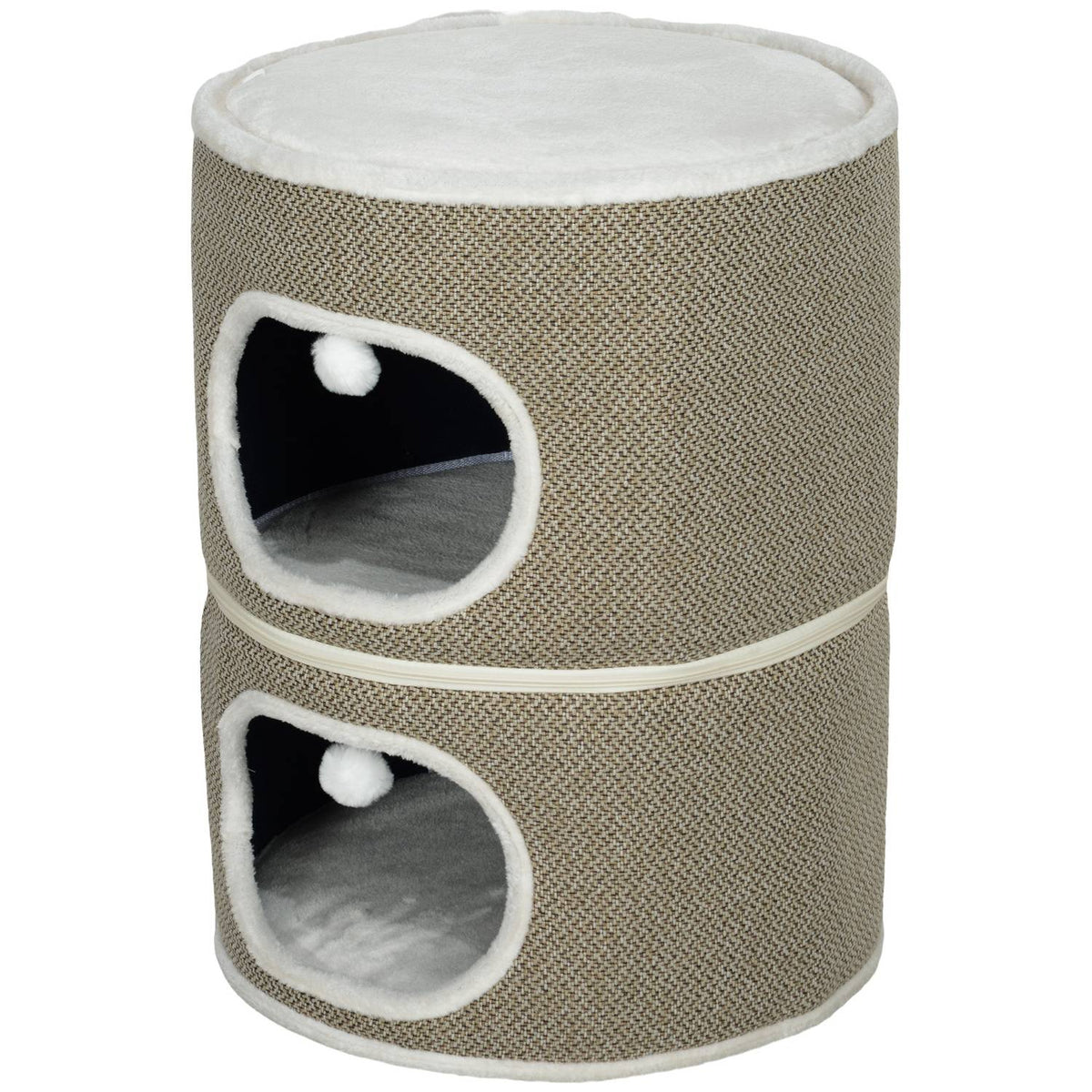 Scratching barrel, 69 cm high, cat barrel with 2 caves, scratching post with play balls, cat tower made of sisal, for cats up to 6 kg, coffee brown + cream white