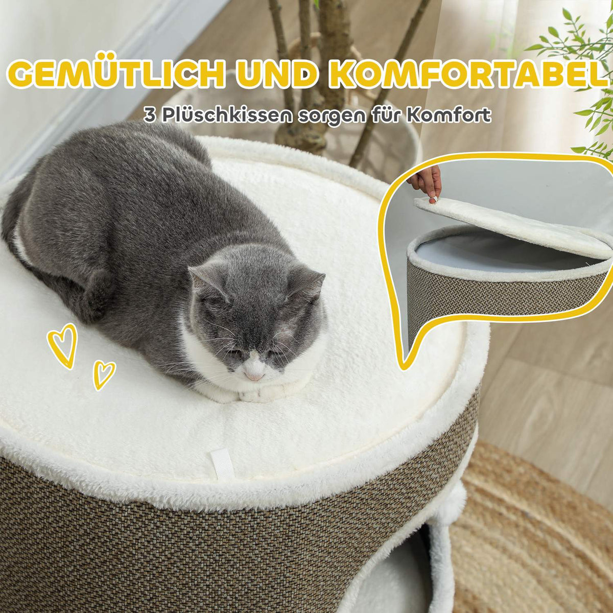 Scratching barrel, 69 cm high, cat barrel with 2 caves, scratching post with play balls, cat tower made of sisal, for cats up to 6 kg, coffee brown + cream white