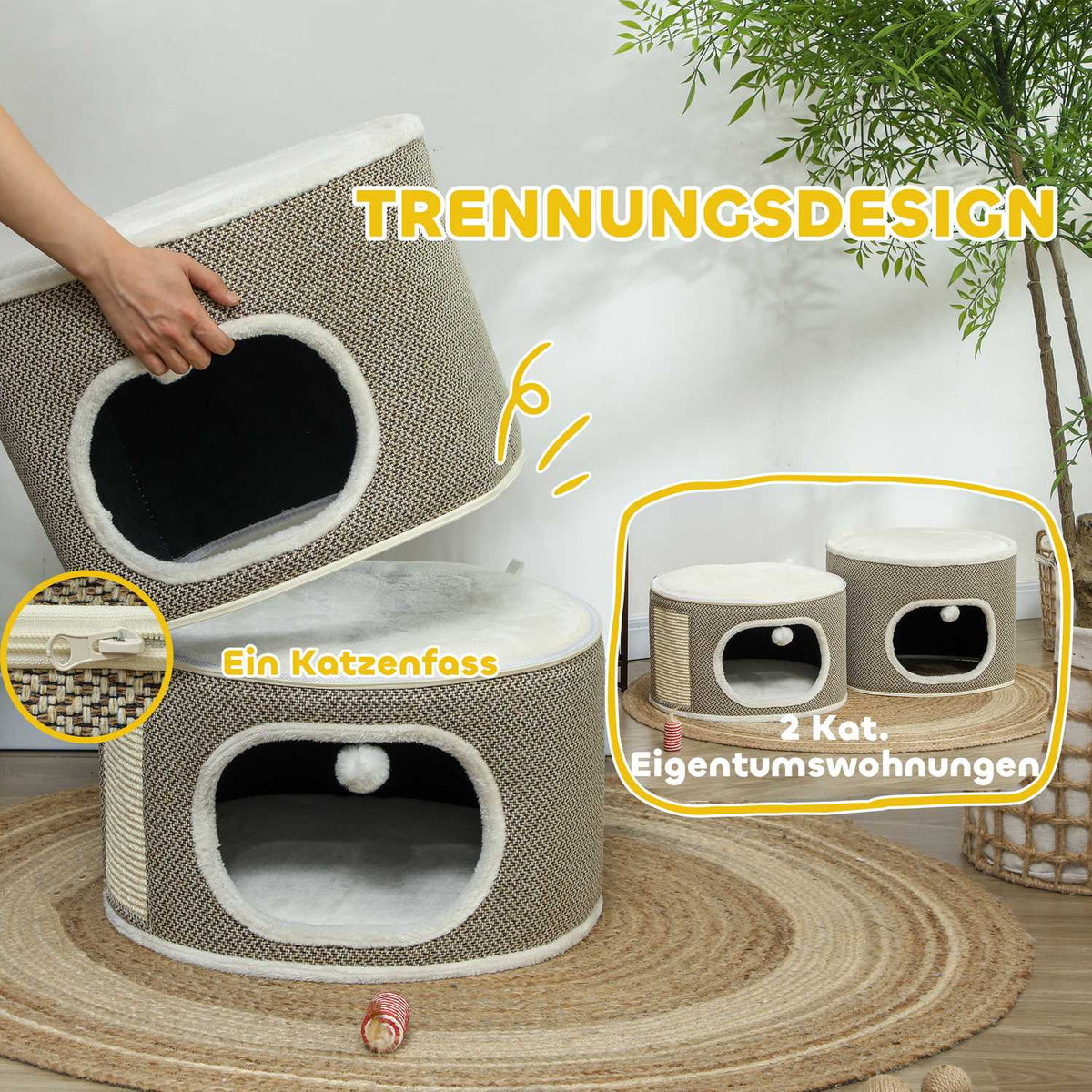 Scratching barrel, 69 cm high, cat barrel with 2 caves, scratching post with play balls, cat tower made of sisal, for cats up to 6 kg, coffee brown + cream white