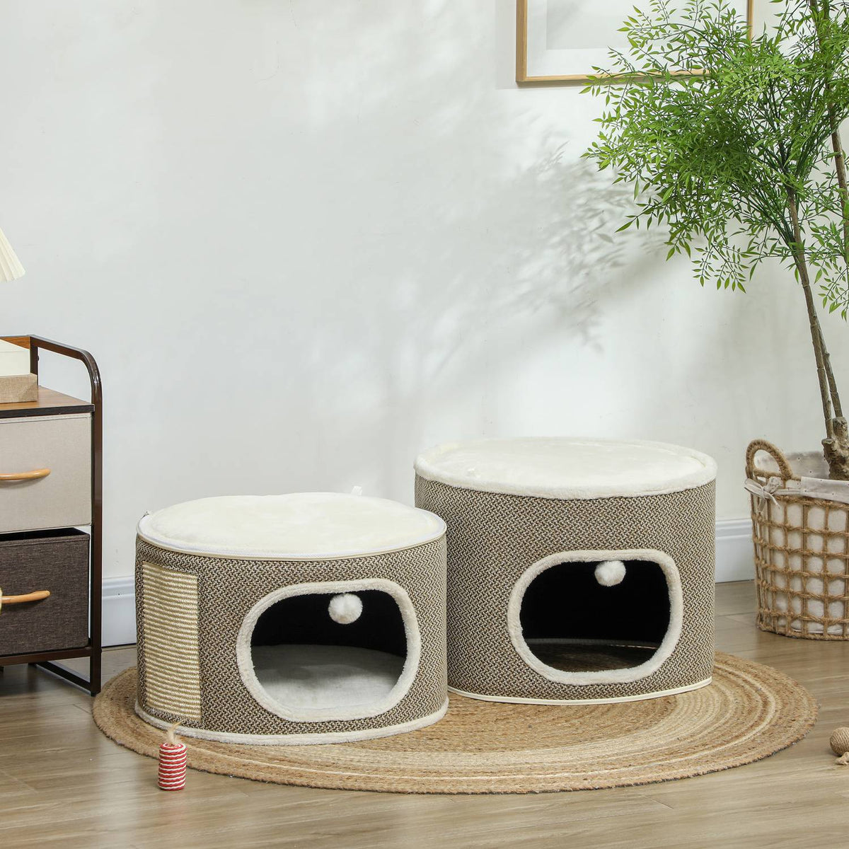 Scratching barrel, 69 cm high, cat barrel with 2 caves, scratching post with play balls, cat tower made of sisal, for cats up to 6 kg, coffee brown + cream white