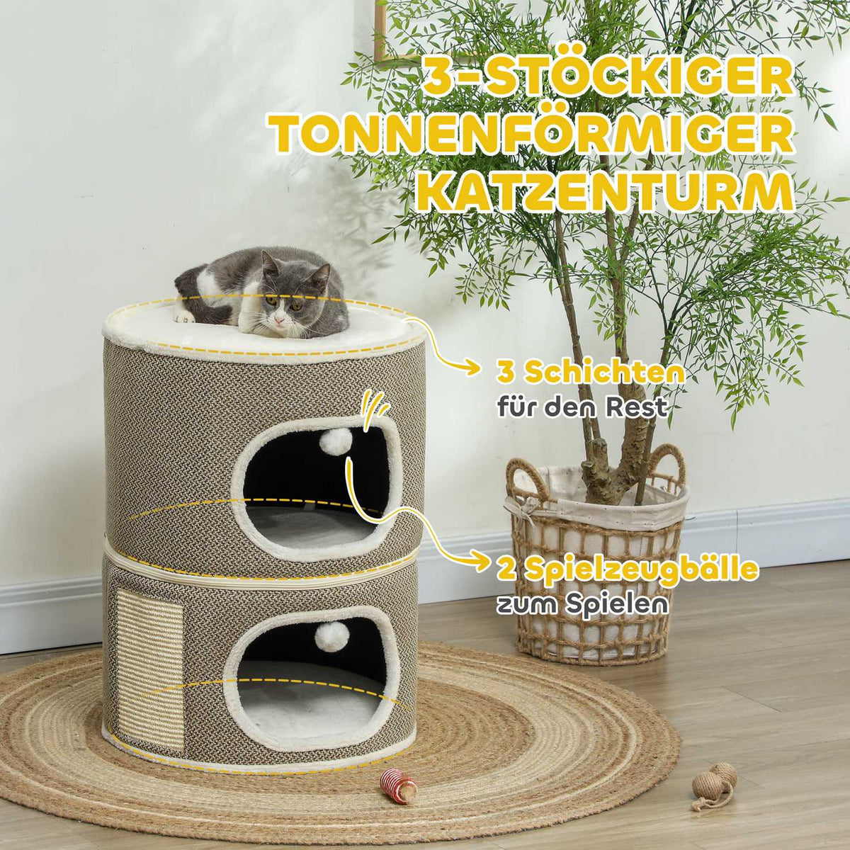 Scratching barrel, 69 cm high, cat barrel with 2 caves, scratching post with play balls, cat tower made of sisal, for cats up to 6 kg, coffee brown + cream white