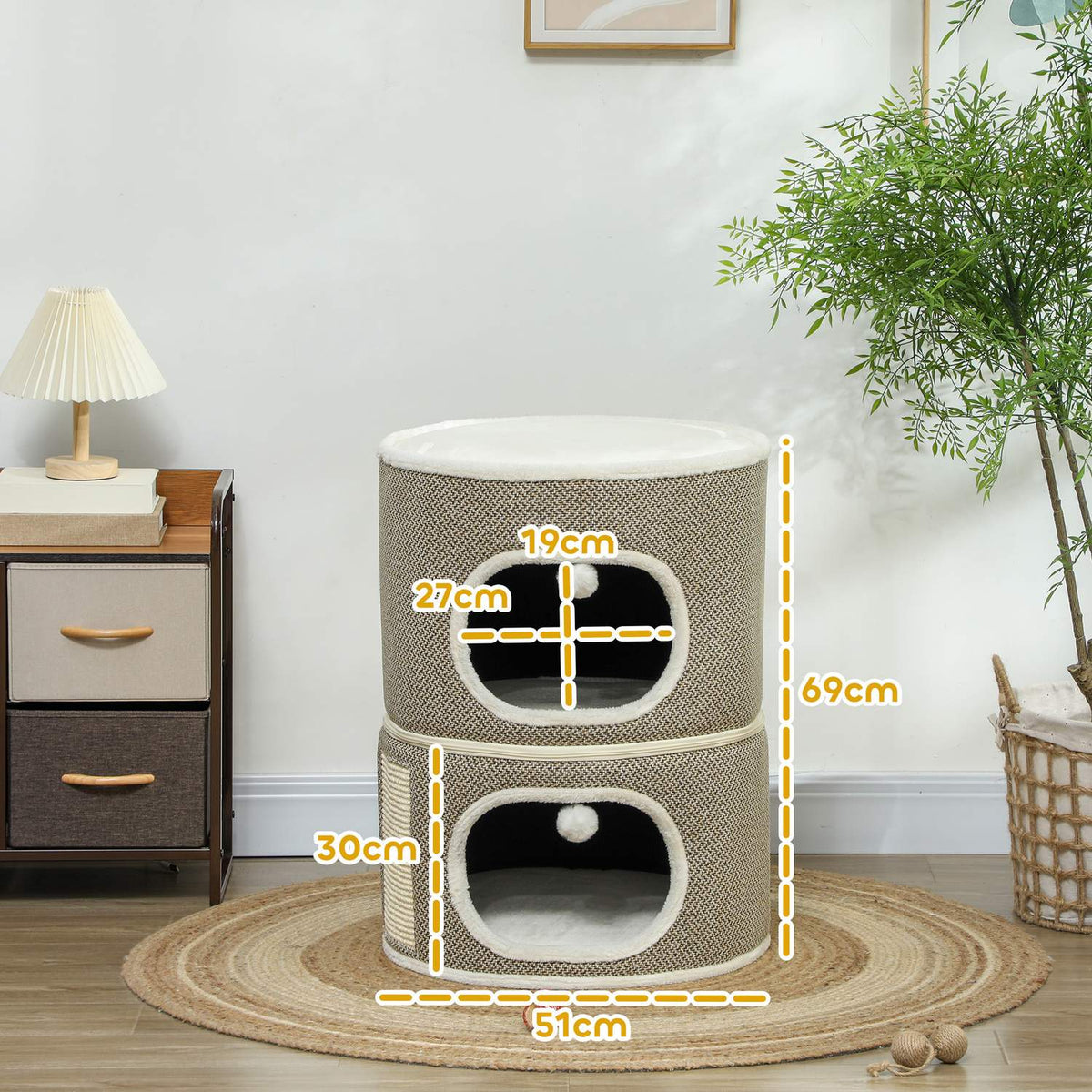 Scratching barrel, 69 cm high, cat barrel with 2 caves, scratching post with play balls, cat tower made of sisal, for cats up to 6 kg, coffee brown + cream white