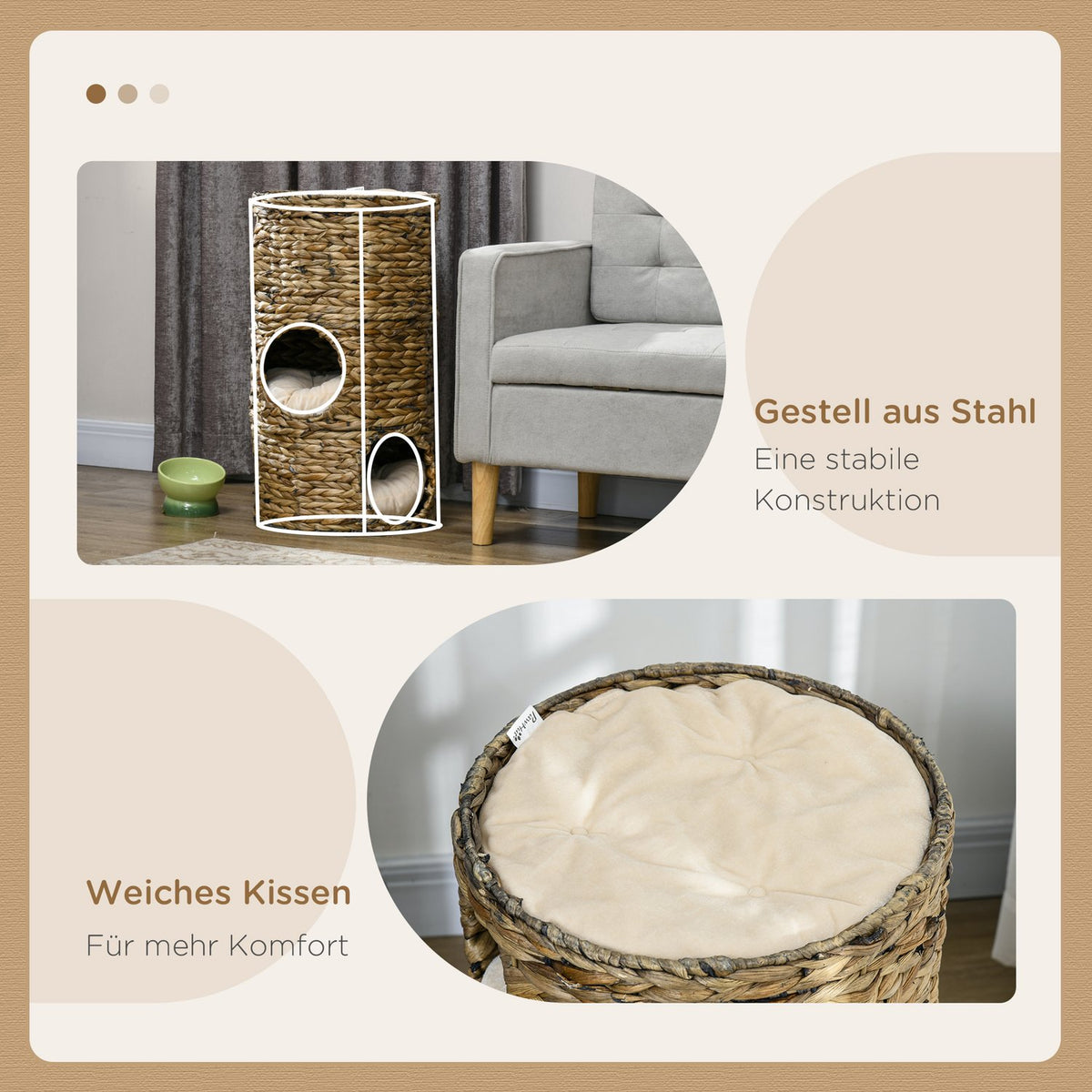 Scratching barrel, 73 cm high cat barrel with 3 caves, cushions, scratching post with cat bed, cat tower made of water hyacinth, dark brown