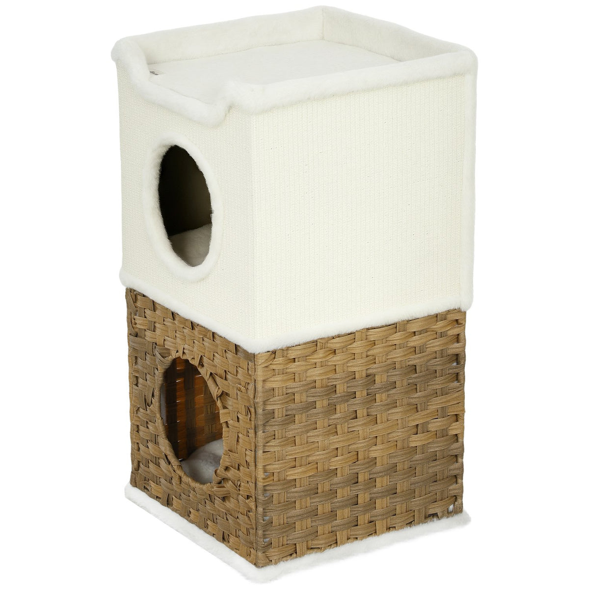 Scratching barrel 75.5 cm high, three-tiered with plush edge, cushion, cat cave, for medium-sized cats, cream-white