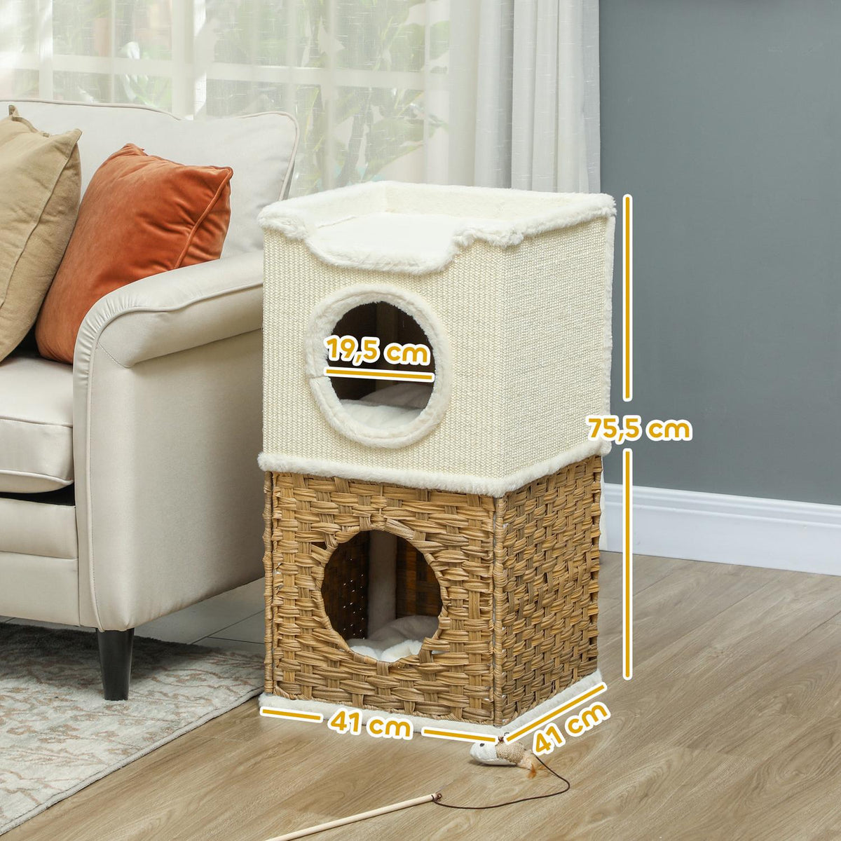 Scratching barrel 75.5 cm high, three-tiered with plush edge, cushion, cat cave, for medium-sized cats, cream-white
