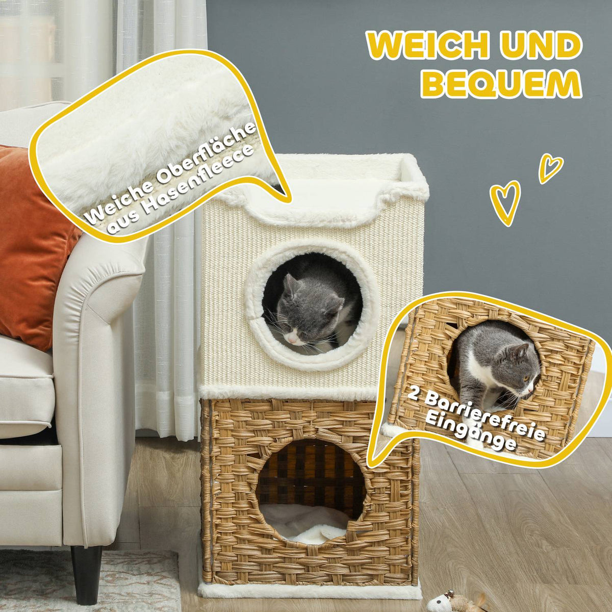 Scratching barrel 75.5 cm high, three-tiered with plush edge, cushion, cat cave, for medium-sized cats, cream-white