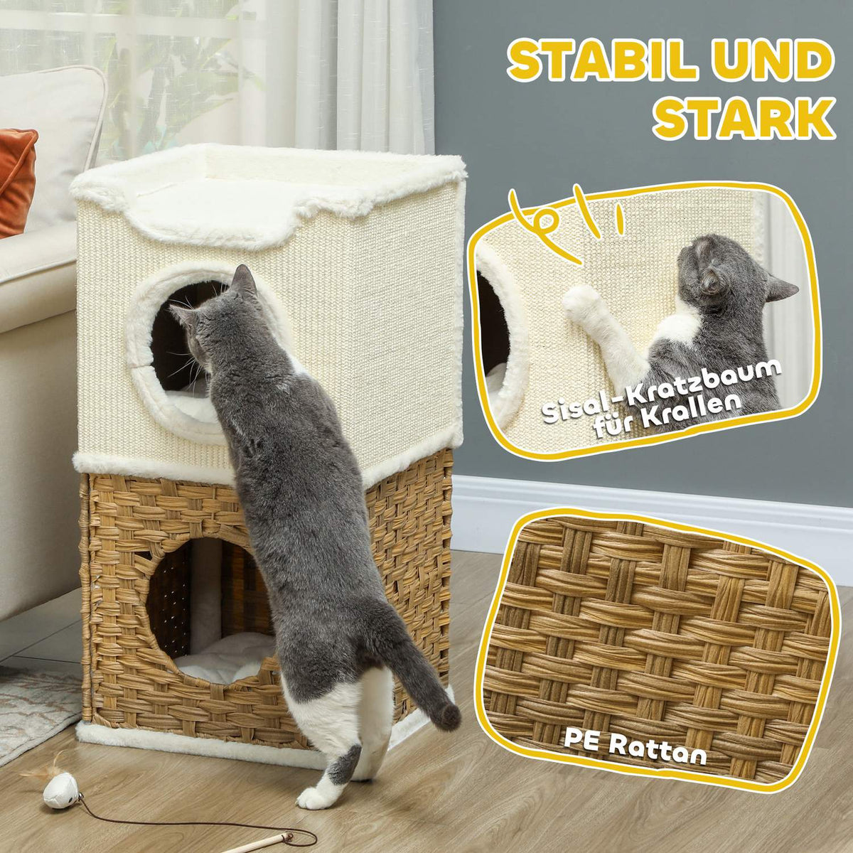 Scratching barrel 75.5 cm high, three-tiered with plush edge, cushion, cat cave, for medium-sized cats, cream-white
