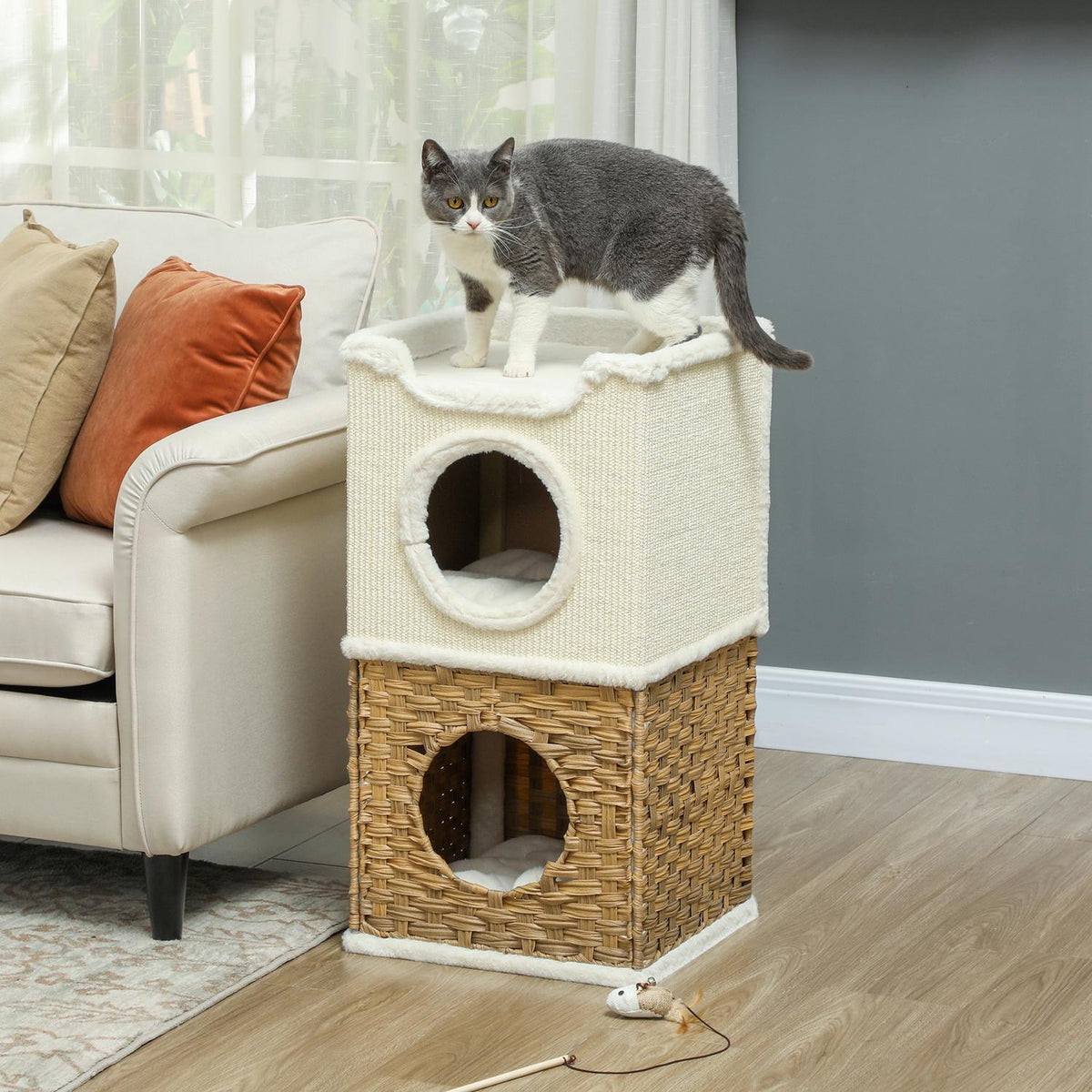 Scratching barrel 75.5 cm high, three-tiered with plush edge, cushion, cat cave, for medium-sized cats, cream-white