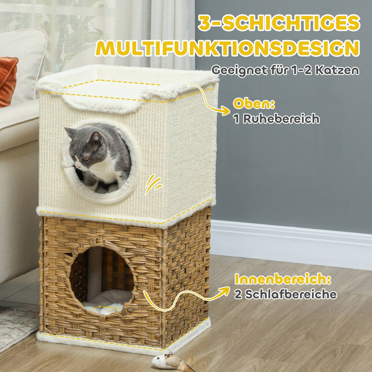 Scratching barrel 75.5 cm high, three-tiered with plush edge, cushion, cat cave, for medium-sized cats, cream-white