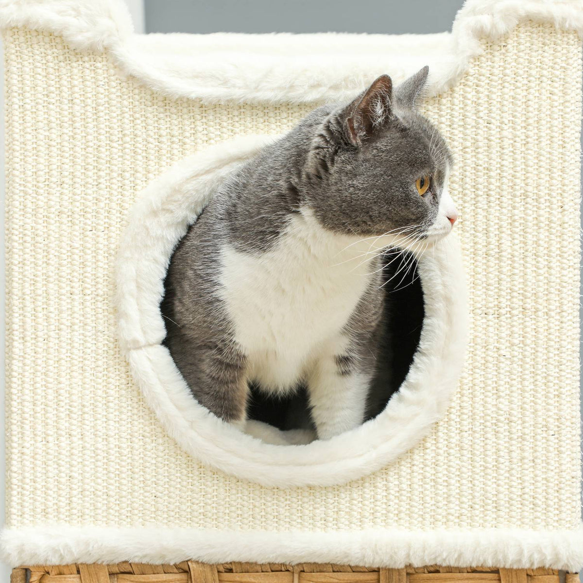 Scratching barrel 75.5 cm high, three-tiered with plush edge, cushion, cat cave, for medium-sized cats, cream-white