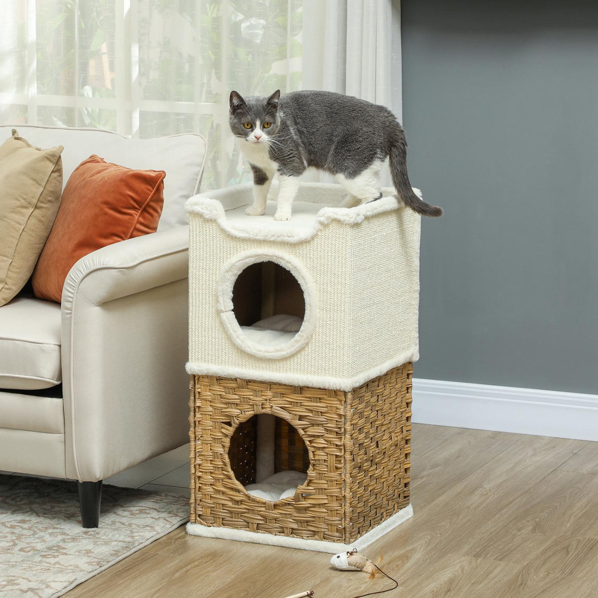 Scratching barrel 75.5 cm high, three-tiered with plush edge, cushion, cat cave, for medium-sized cats, cream-white