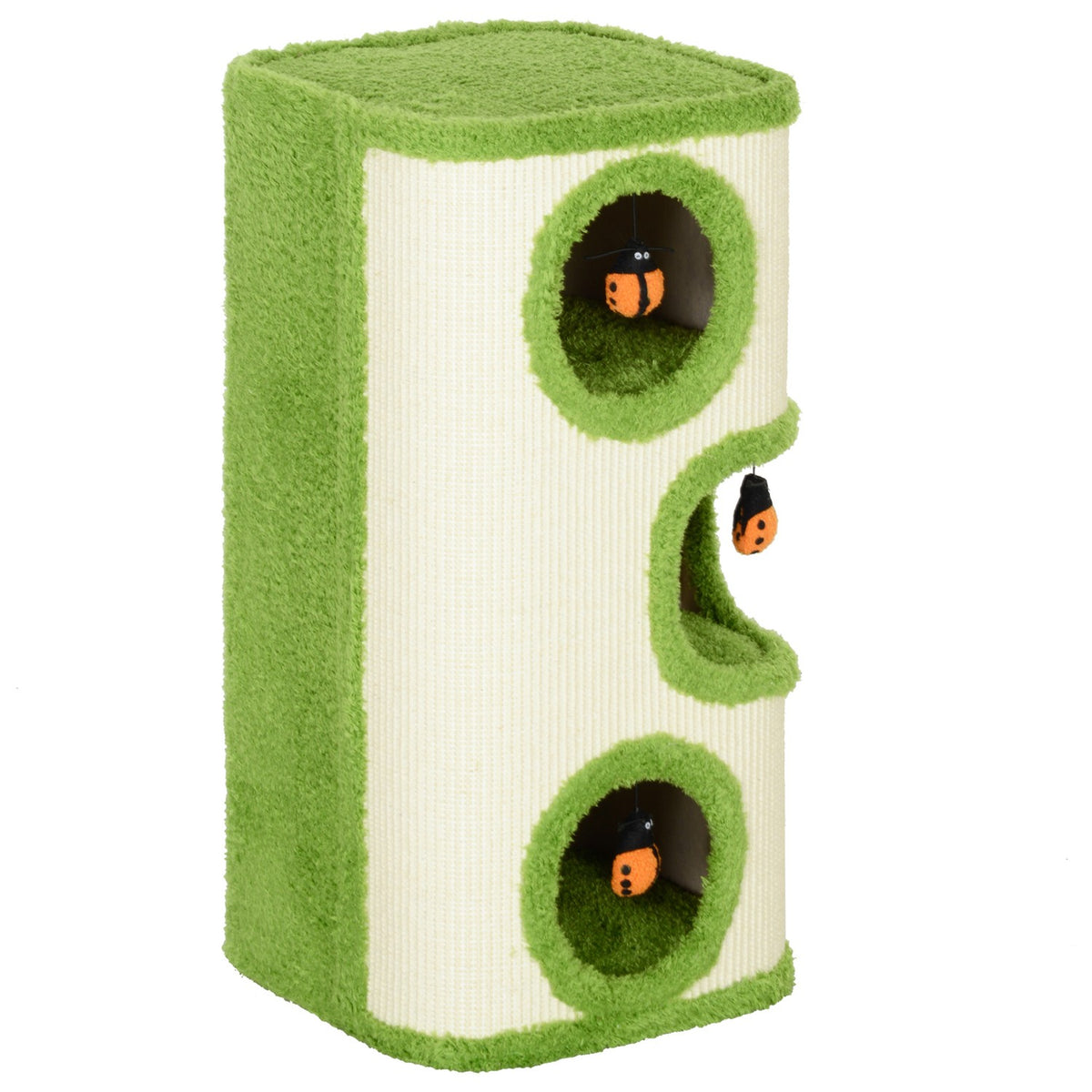 Scratching barrel, 76 cm high, cat barrel with 3 caves, scratching post with ladybug toy, cat tower made of sisal, for cats up to 5 kg, green + cream white