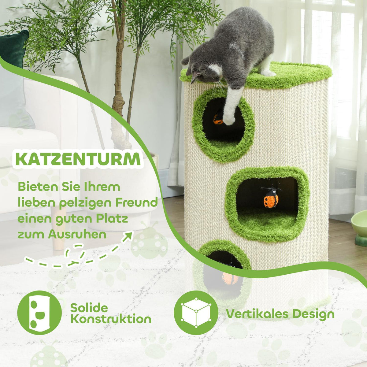 Scratching barrel, 76 cm high, cat barrel with 3 caves, scratching post with ladybug toy, cat tower made of sisal, for cats up to 5 kg, green + cream white