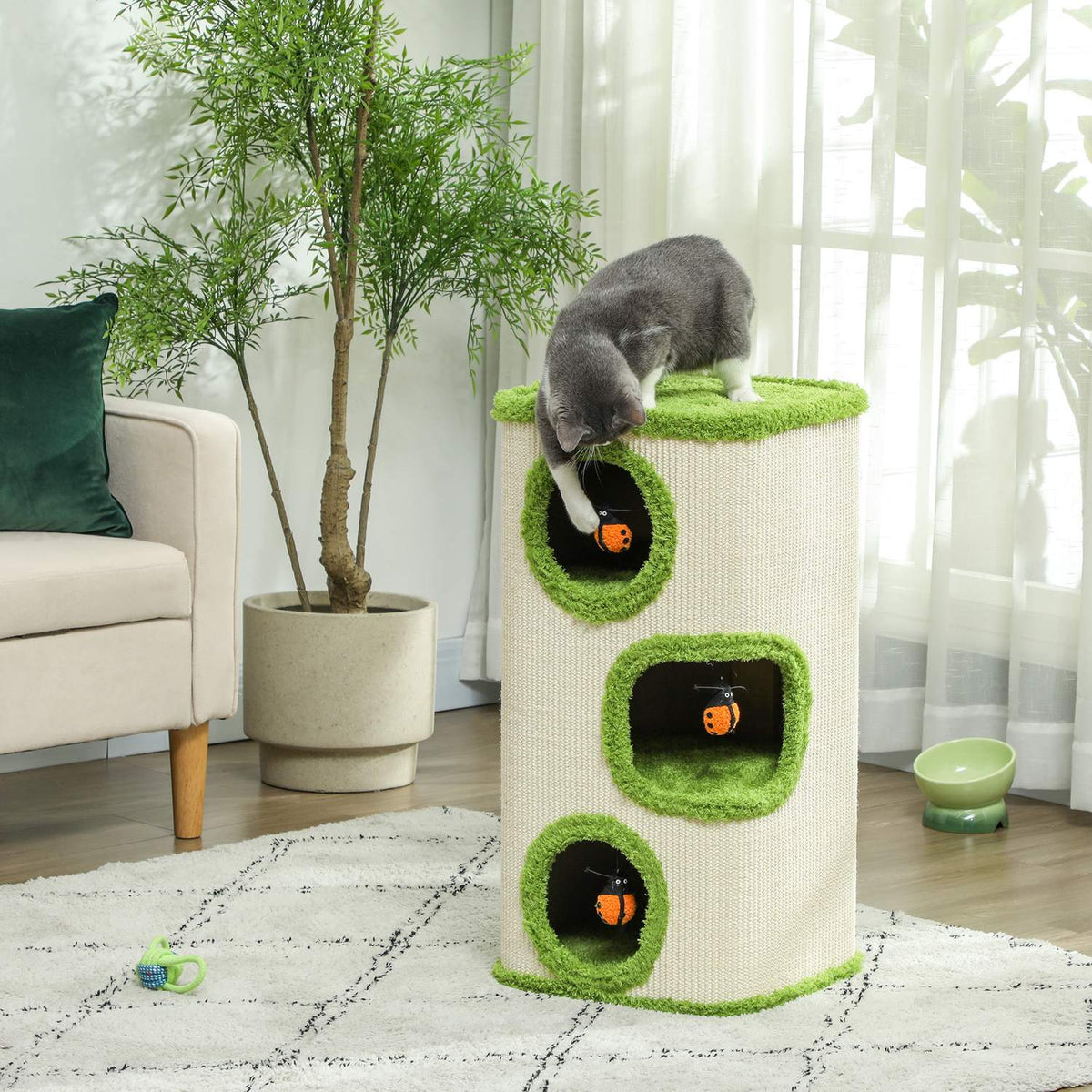 Scratching barrel, 76 cm high, cat barrel with 3 caves, scratching post with ladybug toy, cat tower made of sisal, for cats up to 5 kg, green + cream white