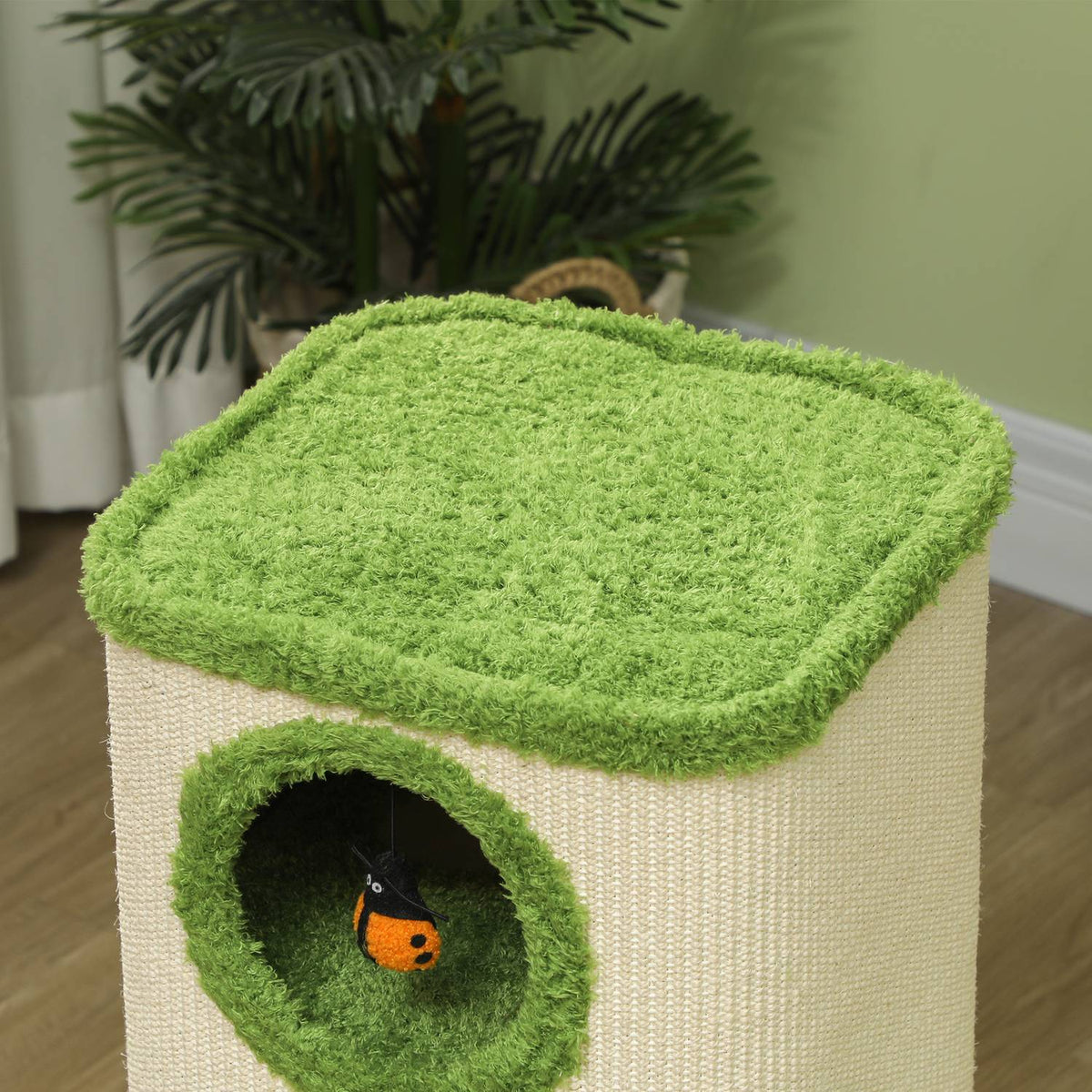 Scratching barrel, 76 cm high, cat barrel with 3 caves, scratching post with ladybug toy, cat tower made of sisal, for cats up to 5 kg, green + cream white