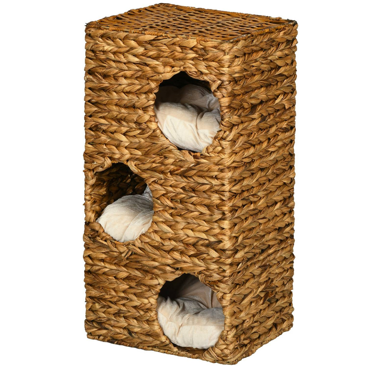 Scratching barrel, 76 cm high cat barrel with 3 caves, washable cushions, scratching post, cat tower made of water hyacinth, light brown